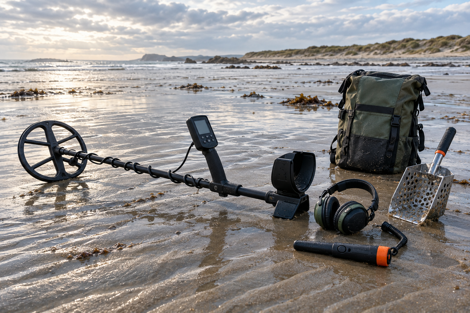 Détecteur de métaux étanche complet avec accessoires sur une plage suisse