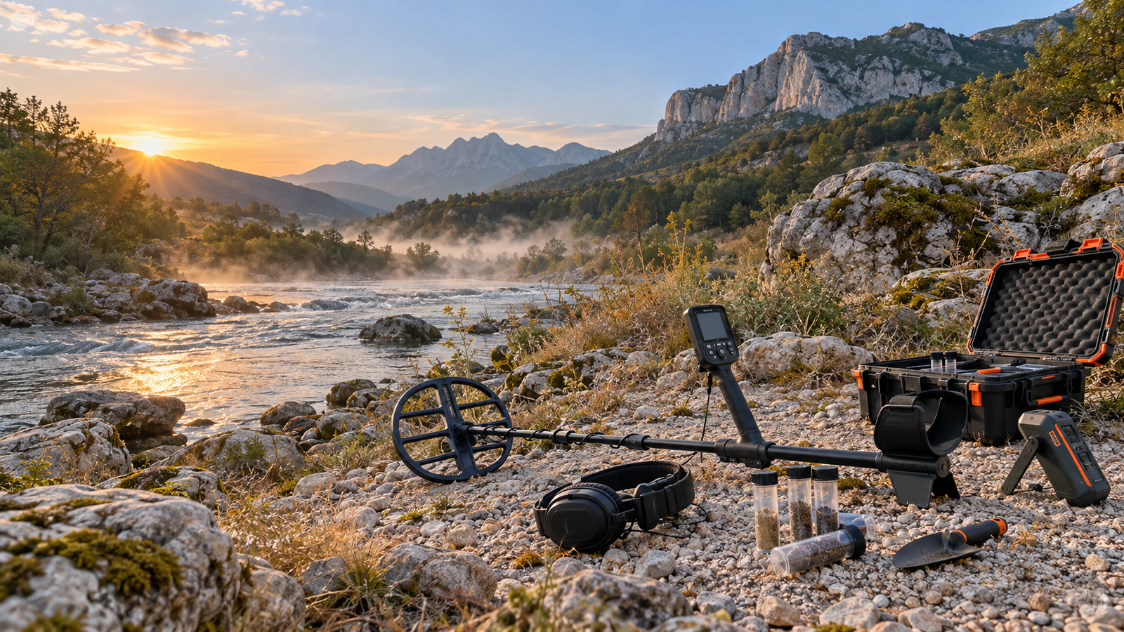 Détecteur d'or professionnel complet au bord d'une rivière de prospection en Suisse